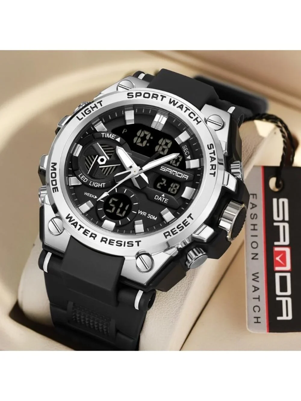Mens Black Silver Analog Quartz Sport Waterproof Military Tactical Digital Watch